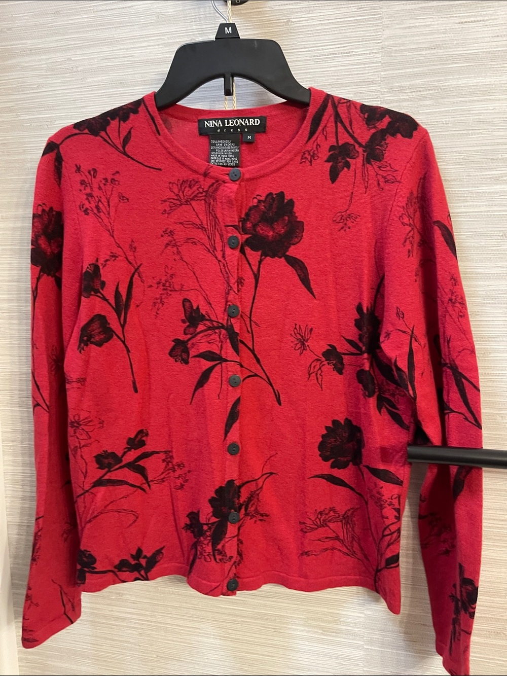 Nina Leonard Red Floral Button-Front Cardigan with Black Print